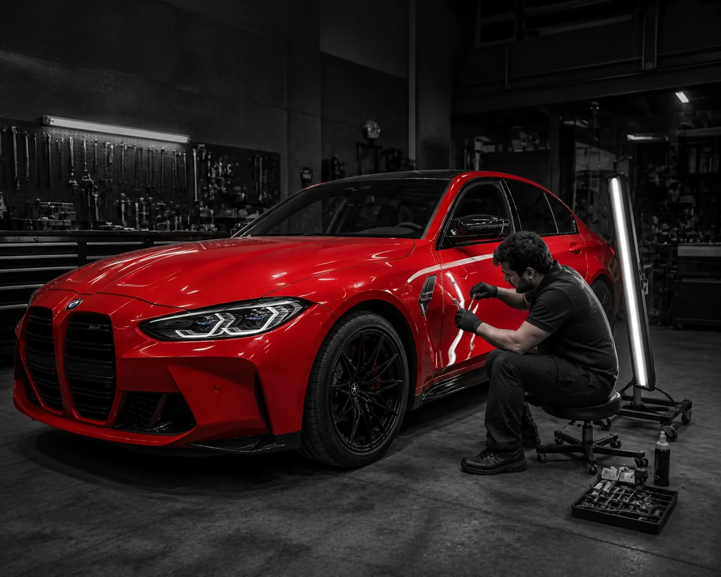 Red BMW M3 undergoing PDR service at SwissArt in Brussels