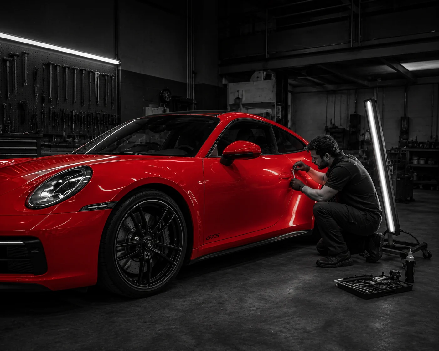 Red Porsche 911 undergoing PDR service at SwissArt in Bulle