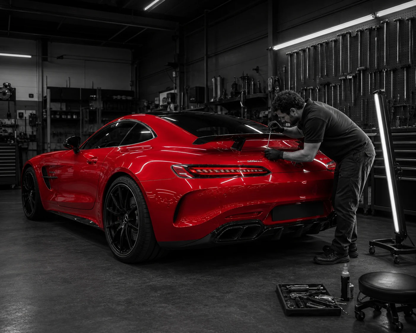 Red Mercedes-AMG undergoing PDR service at SwissArt in Chelles