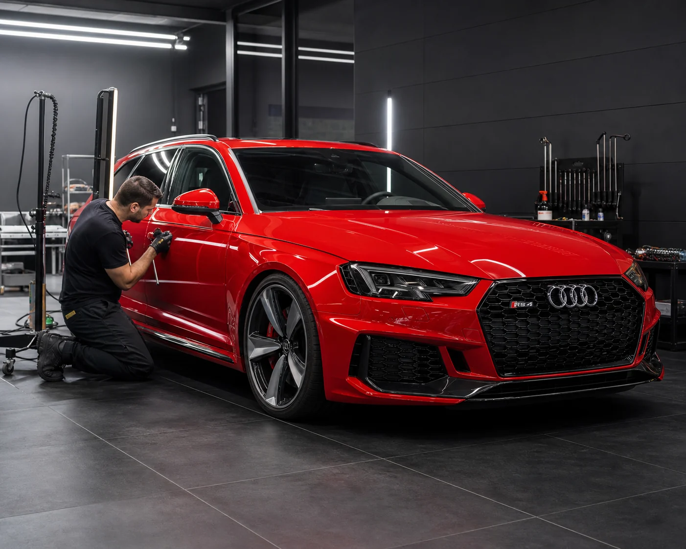 Red Audi RS4 undergoing PDR service at SwissArt in Sacavém