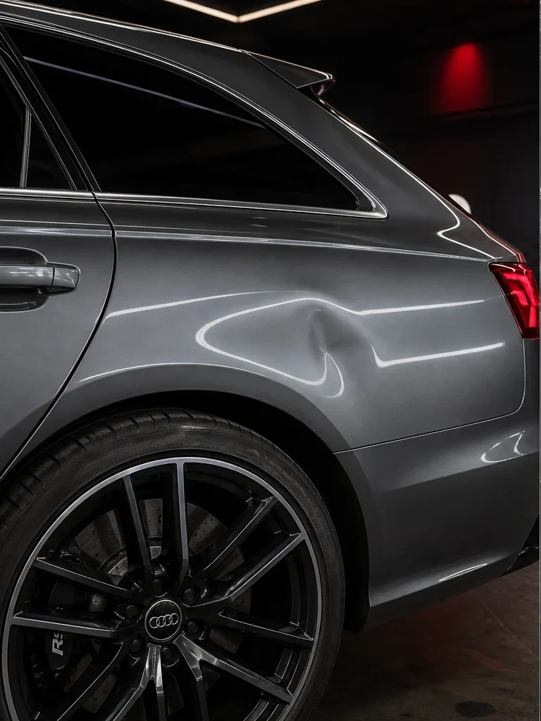 Audi RS6 rear quarter panel before paintless dent repair