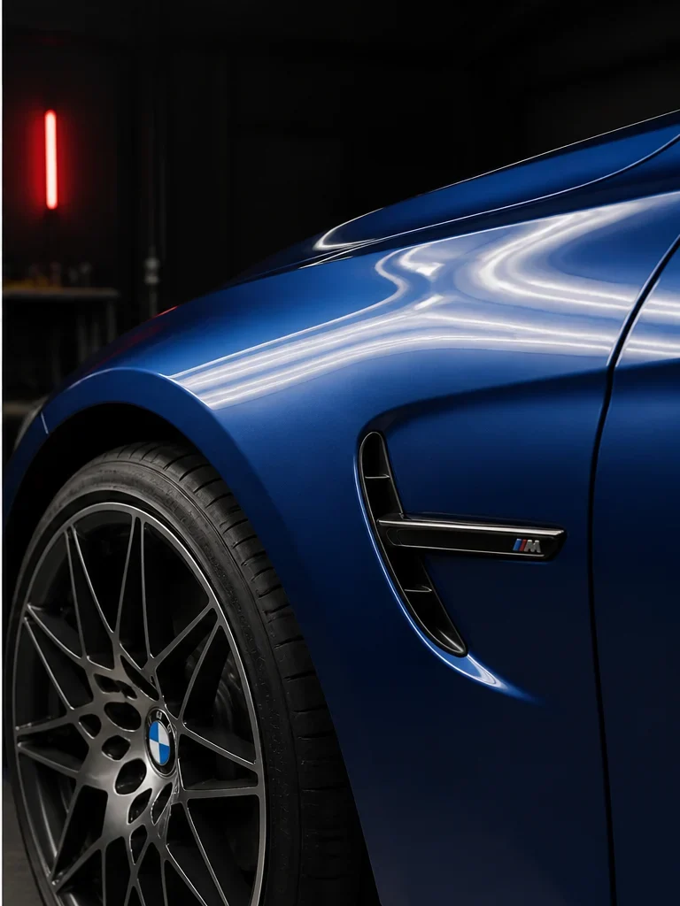 Blue BMW M3 front fender after dent repair