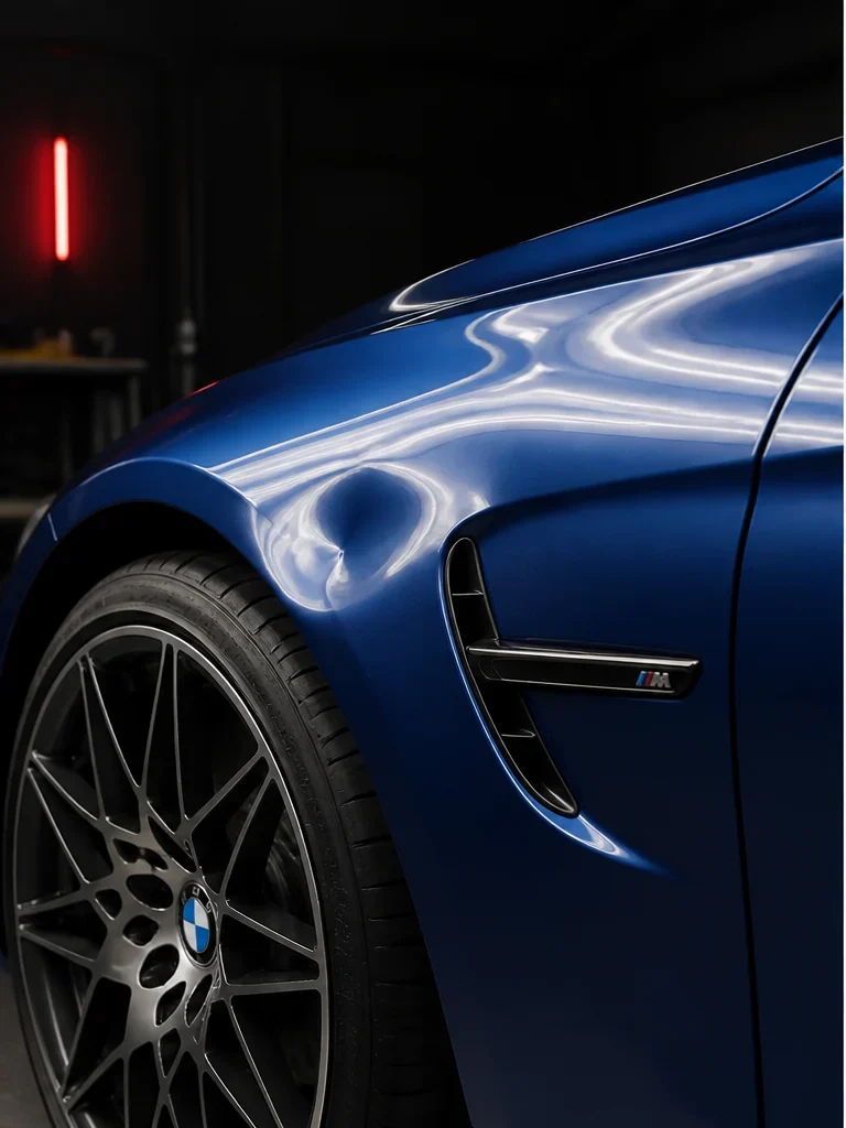 Blue BMW M3 front fender before dent repair